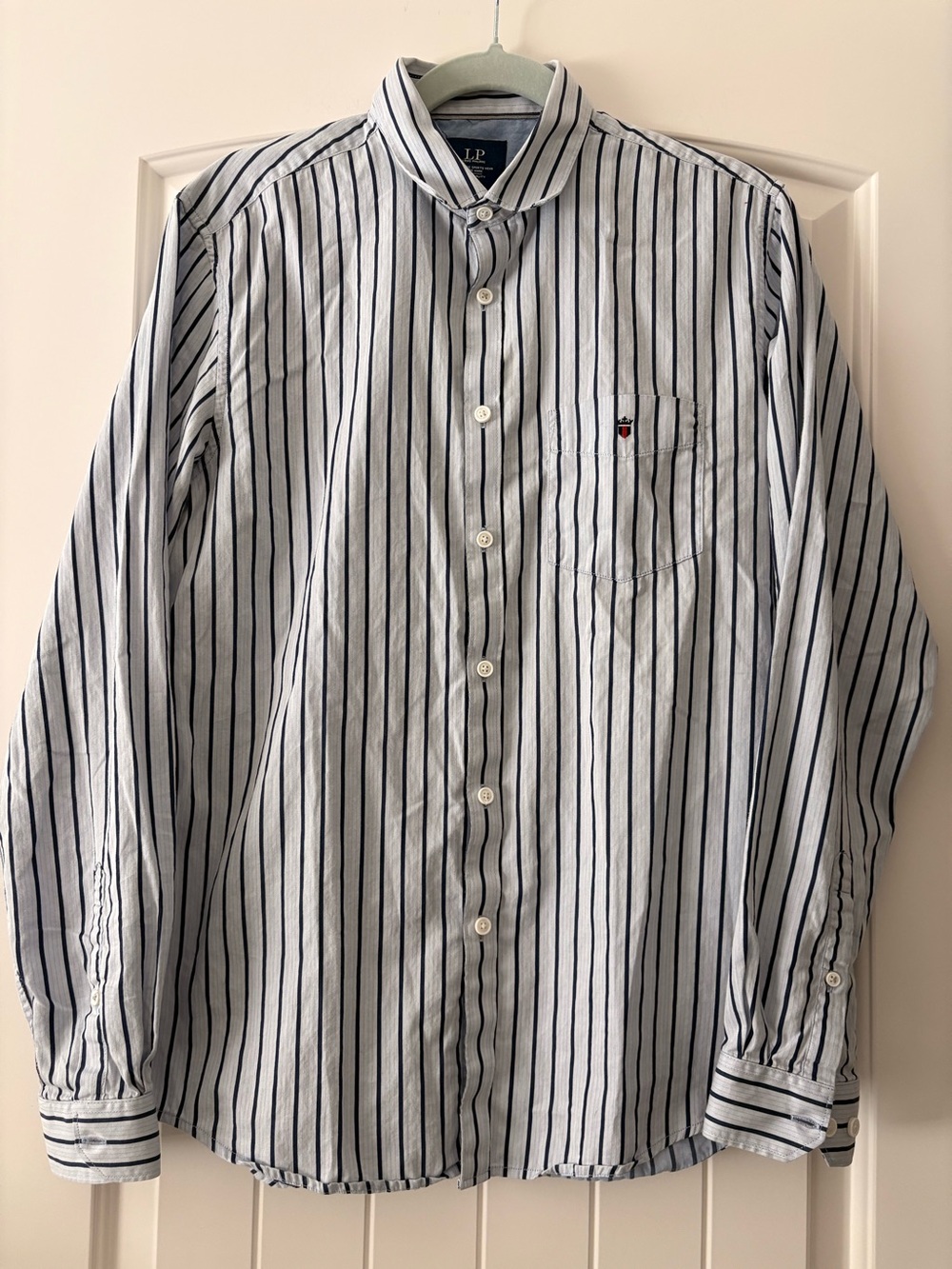 Louis Philippe White Shirt with Navy Vertical Stripes